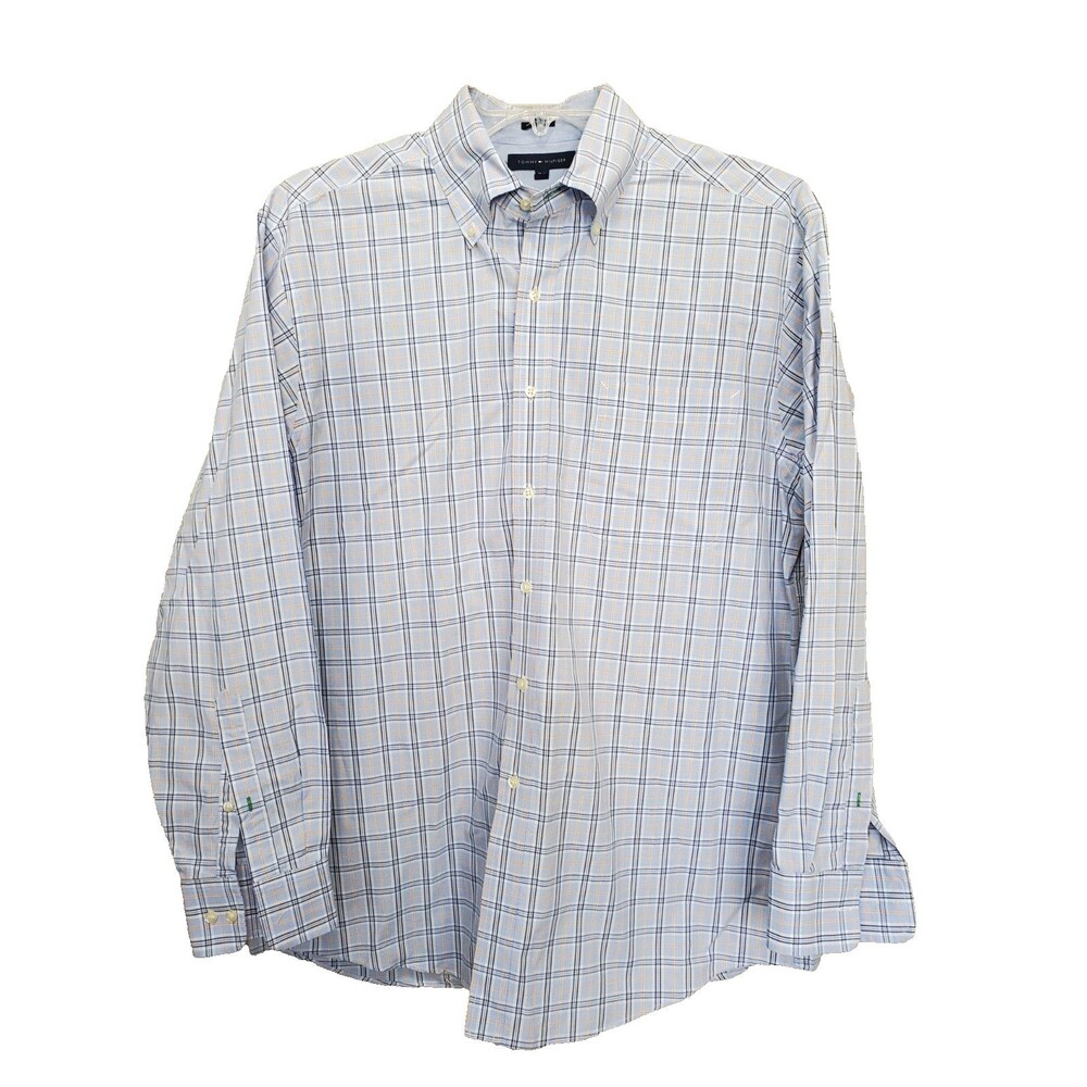 Tommy Hilfiger Regular Fit Men's Cotton Blue Plaid Button-Up Shirt 16.5 34-35